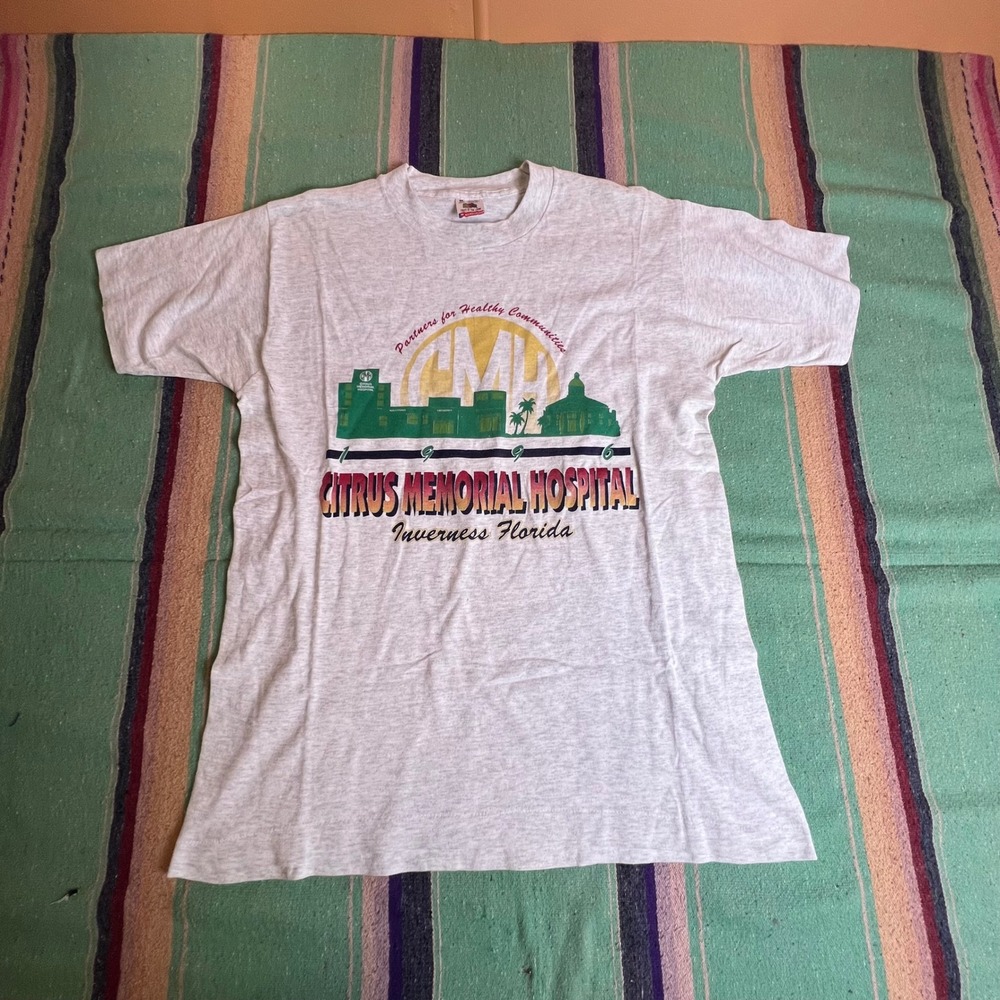 Fruit of the Loom T-Shirt Mens Medium Gray 1996 Citrus Memorial Hospital Vintage